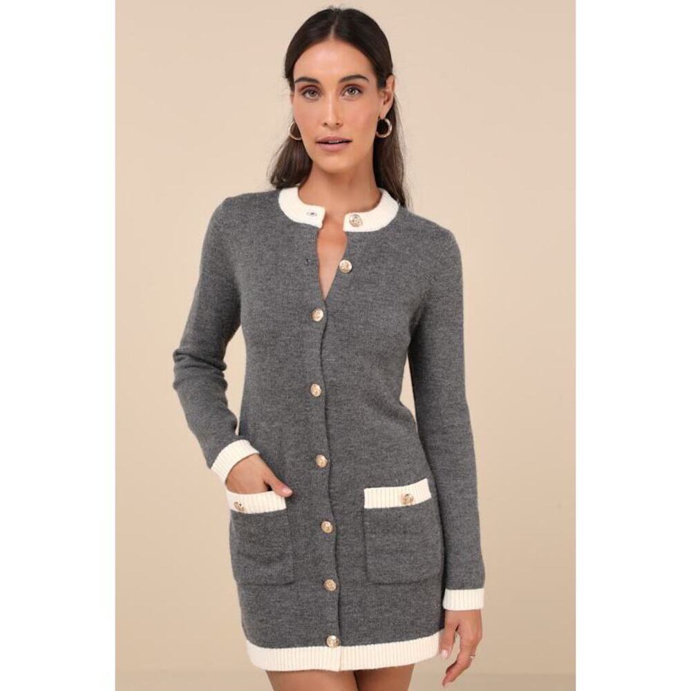 Lulus Sophisticatedly Cozy Grey And Ivory Button-up Sweater Mini Dress - Size M